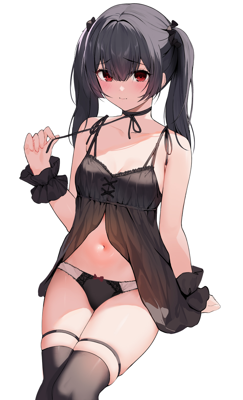 1girl bangs bare_arms bare_shoulders black_babydoll black_hair black_scrunchie black_thighhighs breasts cleavage closed_mouth feet_out_of_frame frilled_cuffs gin00 hair_ornament hair_scrunchie hand_up highres idolmaster idolmaster_shiny_colors invisible_chair long_hair morino_rinze navel panties raised_eyebrows red_eyes scrunchie sidelocks simple_background sitting skindentation small_breasts spaghetti_strap stomach strap_pull thigh_strap thighhighs thighs twintails underwear white_background wrist_cuffs