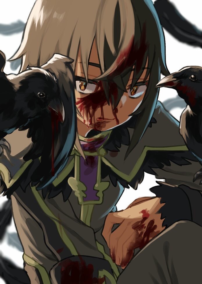 1boy bangs bird black_feathers black_hair blood blood_in_hair blood_on_clothes blood_on_face blood_on_hands closed_mouth crossed_bangs crow feathers great_kichi killian_phegor licking_lips male_focus orange_eyes pop-up_story sanpaku sitting solo st._feles_gakuen_uniform tongue tongue_out