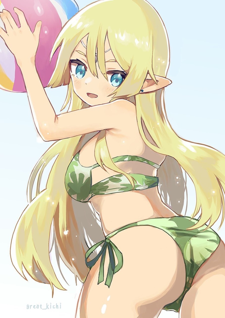 1girl artist_name ball beachball bikini blonde_hair blue_eyes blush earrings elf forehead_jewel gradient gradient_background great_kichi green_bikini highres holding holding_ball holding_beachball jewelry kris_bernal long_hair panties pointy_ears pop-up_story solo string_panties swimsuit thighs tsurime two-tone_background underwear