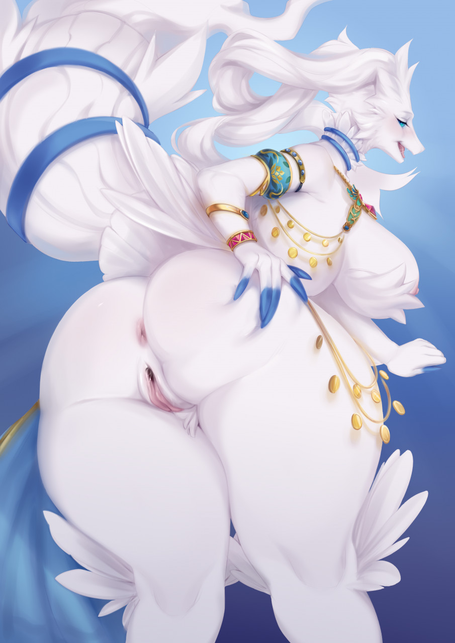 anthro anus armlet big_breasts big_butt bracelet breasts butt dragon female fur furred_dragon generation_5_pokemon genitals hair hi_res jewelry jewelry_only legendary_pokemon looking_at_viewer looking_back low-angle_view necklace nintendo pokemon pokemon_(species) presenting presenting_hindquarters pussy rear_view reshiram side_boob siriussly solo thick_tail thick_thighs video_games white_body white_fur white_hair