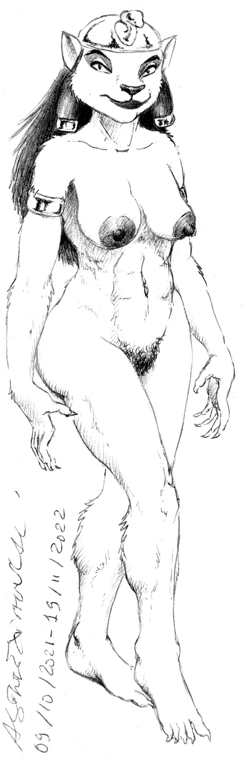 2022 5_fingers 5_toes absurd_res anthro areola asthexiancal big_breasts breasts claws disney disney's_aladdin domestic_cat feet felid feline felis female finger_claws fingers full-length_portrait fur hair hi_res humanoid_feet humanoid_hands mammal mirage_(disney) navel nipples nude portrait pubes signature solo standing toe_claws toes traditional_media_(artwork)