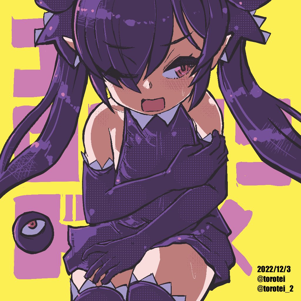 1girl artist_name backbeako backbeard black_dress black_gloves black_hair black_ribbon black_thighhighs blush commentary covering_body dated dress elbow_gloves eyes_visible_through_hair gegege_no_kitarou gloves hair_over_one_eye hair_ribbon long_hair looking_to_the_side one_eye_closed open_mouth original pointy_ears red_eyes ribbon simple_background sleeveless sleeveless_dress solo square_mouth sweatdrop text_background thighhighs torotei translated twintails twitter_username yellow_background