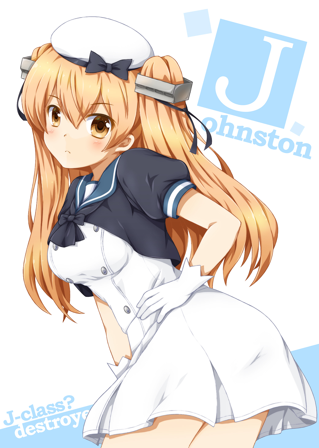 1girl blue_sailor_collar breasts brown_eyes character_name cosplay cowboy_shot dress fukaiton gloves hat highres jervis_(kancolle) jervis_(kancolle)_(cosplay) johnston_(kancolle) kantai_collection leaning_forward light_brown_hair long_hair medium_breasts puffy_short_sleeves puffy_sleeves sailor_collar sailor_dress sailor_hat short_sleeves solo standing two_side_up white_gloves white_headwear