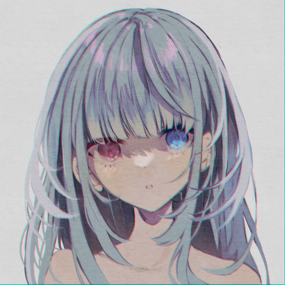 1girl :o bangs blue_eyes collarbone commentary_request grey_background grey_hair heterochromia long_hair looking_at_viewer naoton nude original parted_lips portrait red_eyes simple_background solo