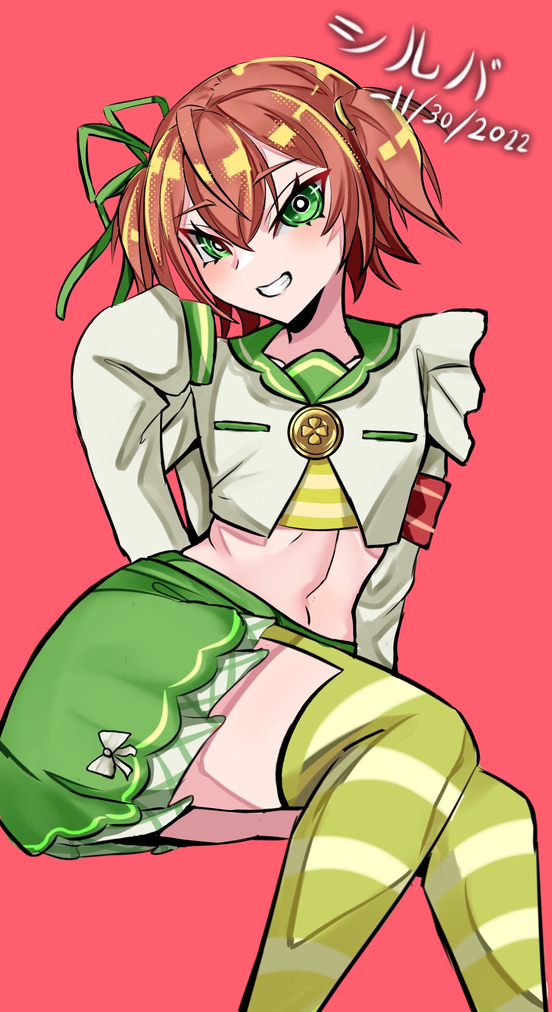 1girl breasts commentary cropped_shirt fuyo_cloverfield green_eyes green_skirt green_thighhighs grin highres idol_corp long_hair long_sleeves looking_at_viewer medium_hair navel pink_hair shirt short_twintails silva_arts skirt sleeves_past_fingers sleeves_past_wrists small_breasts smile symbol-only_commentary thighhighs twintails virtual_youtuber white_shirt