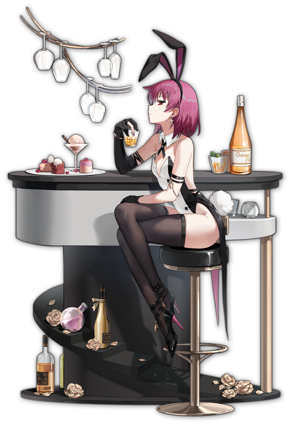 breasts cake cake_slice cup earrings flower food gloves hair_ornament highleg highres holding holding_cup ice_cream jewelry looking_at_viewer mahjong_soul medium_hair miyanaga_teru official_alternate_costume official_art pink_hair playboy_bunny rabbit_hair_ornament rabbit_tail red_hair rose saki sideways_glance sitting small_breasts tail white_flower white_rose