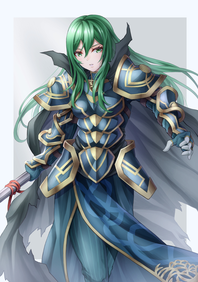 1girl alm_(fire_emblem) alm_(fire_emblem)_(cosplay) armor bangs black_cape blue_armor blue_gloves blue_pants boobplate breasts cape cosplay eyelashes fake_horns faulds fire_emblem fire_emblem:_path_of_radiance fire_emblem_echoes:_shadows_of_valentia floating_hair gloves green_eyes green_hair hair_between_eyes high_collar holding holding_polearm holding_weapon horns long_hair medium_breasts nephenee_(fire_emblem) pants parted_lips pauldrons polearm shoulder_armor solo striped striped_gloves striped_pants ten_(tenchan_man) torn_cape torn_clothes vambraces vertical-striped_gloves vertical-striped_pants vertical_stripes weapon