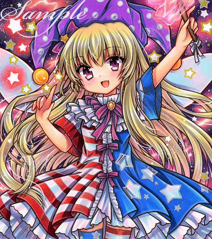 1girl :d american_flag_dress american_flag_legwear arm_up bangs blonde_hair blue_dress blush brooch clownpiece cowboy_shot dress fairy_wings fang hat holding index_finger_raised jester_cap jewelry long_hair looking_at_viewer marker_(medium) multicolored_clothes multicolored_dress neck_ruff open_mouth polka_dot_headwear print_dress purple_hair purple_headwear purple_ribbon red_dress ribbon rui_(sugar3) sample_watermark short_sleeves smile solo star_(symbol) star_print striped striped_dress thighhighs touhou traditional_media very_long_hair wings