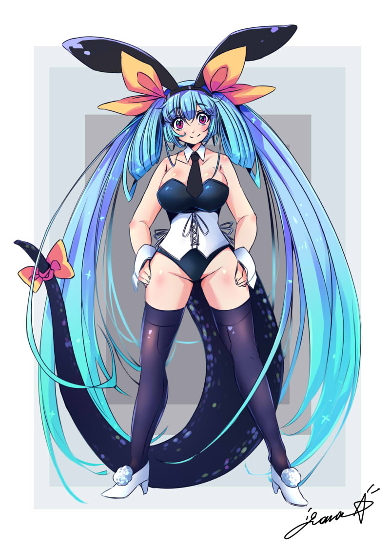 1girl animal_ears bangs bare_shoulders black_leotard black_necktie black_thighhighs blue_hair bow breasts commission detached_collar dizzy_(guilty_gear) fake_animal_ears full_body groin guilty_gear guilty_gear_xrd hair_between_eyes hair_ribbon hair_rings hand_on_hip heart high_heels iguana_henshuu-chou large_breasts leotard long_hair looking_at_viewer monster_girl necktie playboy_bunny rabbit_ears red_eyes ribbon signature simple_background skeb_commission solo tail tail_ornament tail_ribbon thick_thighs thighhighs thighs twintails white_footwear wrist_cuffs yellow_ribbon