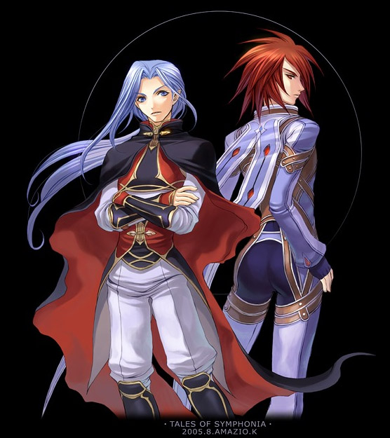 2boys artist_request blue_eyes blue_hair bodysuit cape crossed_arms fingerless_gloves gloves kratos_aurion long_hair looking_back male male_focus multiple_boys ponytail profile red_eyes red_hair short_hair simple_background standing tales_of_(series) tales_of_symphonia yuan_ka-fai