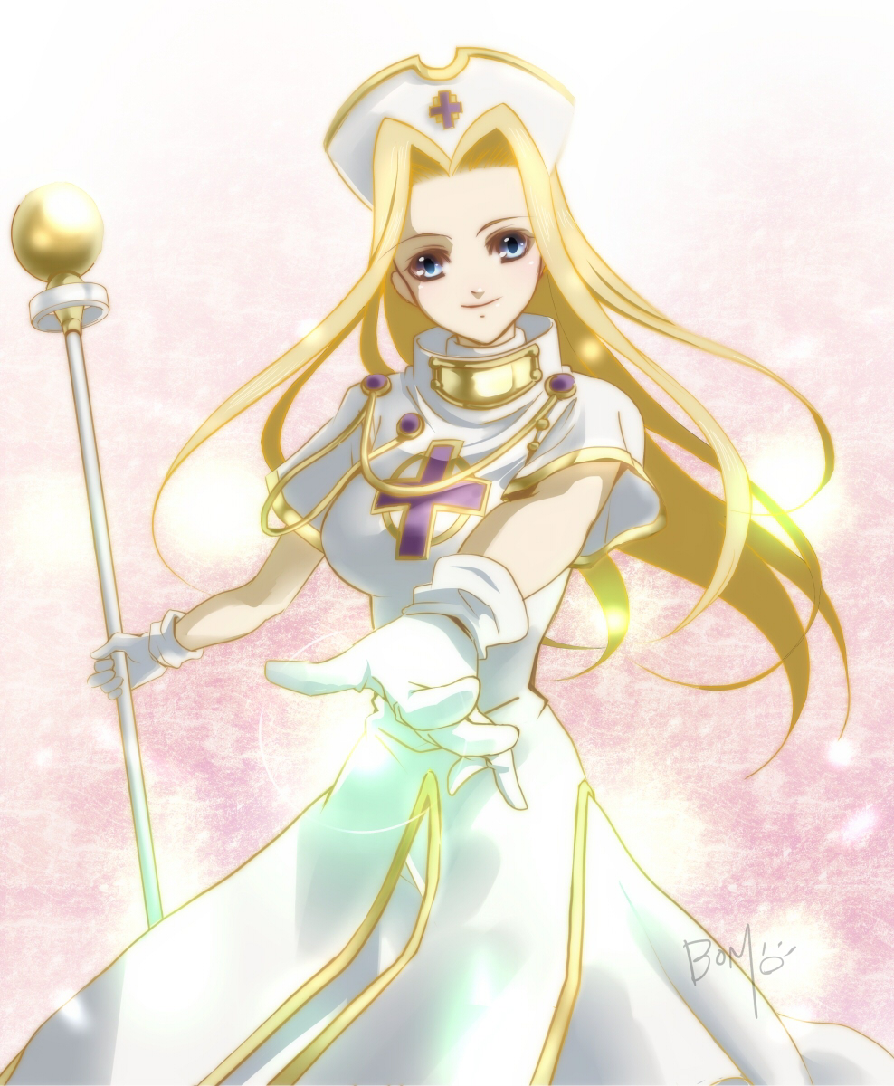 blonde_hair cleric gloves highres long_hair mint_adenade staff tales_of_(series) tales_of_phantasia