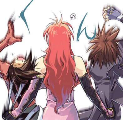 3boys artist_request brown_hair eyes_closed fingerless_gloves gloves kratos_aurion lloyd_irving long_hair lowres male male_focus multiple_boys musical_note open_mouth red_hair short_hair simple_background spiked_hair surprised sweatdrop tales_of_(series) tales_of_symphonia text translated zelos_wilder