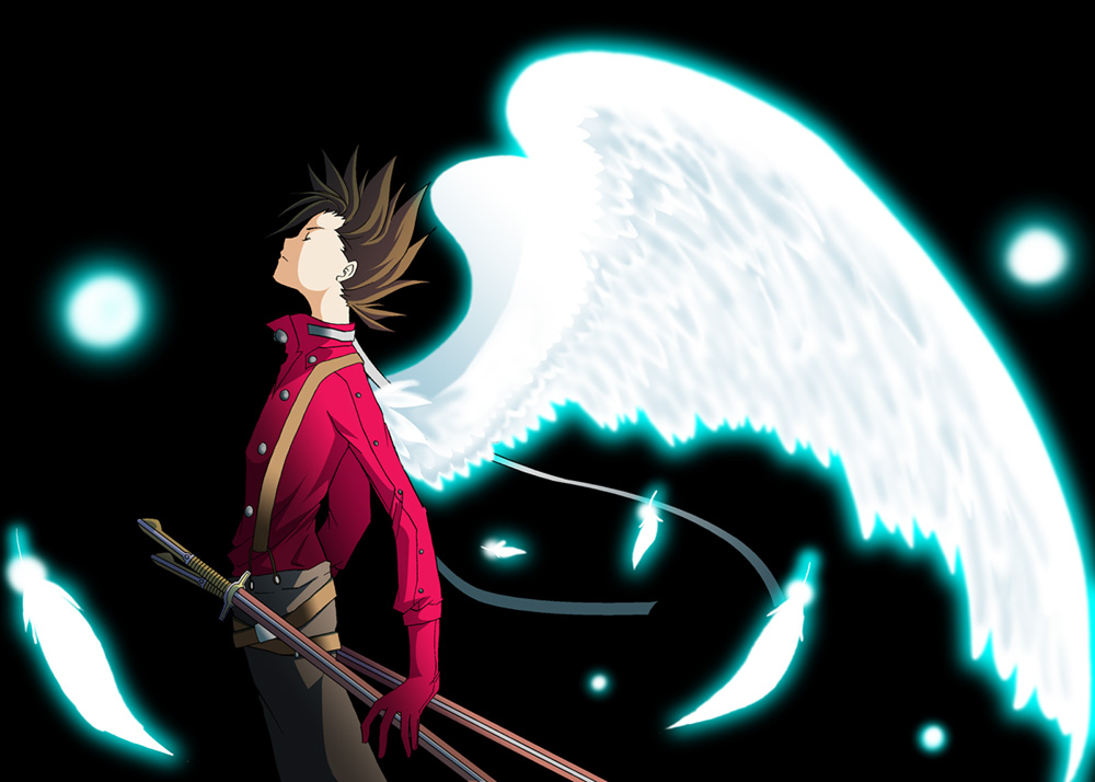 1boy belt brown_hair buttons eyes_closed feather feathers gloves lloyd_irving male male_focus pants short_hair simple_background solo suspenders sword tales_of_(series) tales_of_symphonia weapon wings yako_(pixiv)
