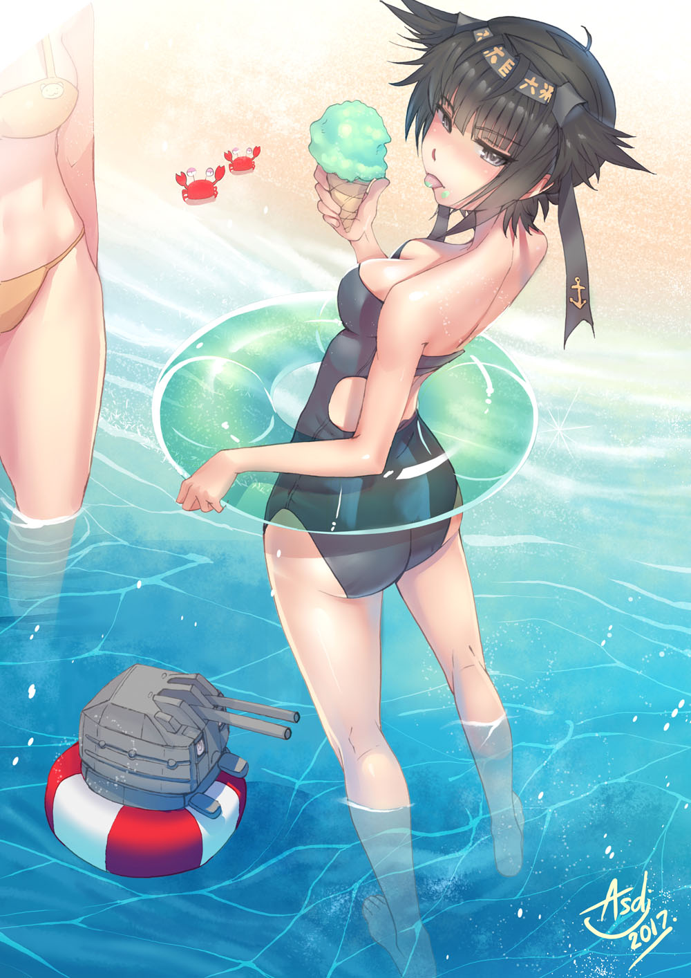 2girls asdj ass barefoot beach black_hair blue_one-piece_swimsuit breasts character_request chou-10cm-hou-chan clip_studio_paint_(medium) competition_swimsuit food full_body grey_eyes groin hachimaki hatsuzuki_(kancolle) headband highres ice_cream kantai_collection legs lifebuoy medium_breasts multiple_girls official_alternate_costume one-piece_swimsuit short_hair small_breasts swimsuit two-tone_swimsuit white_one-piece_swimsuit