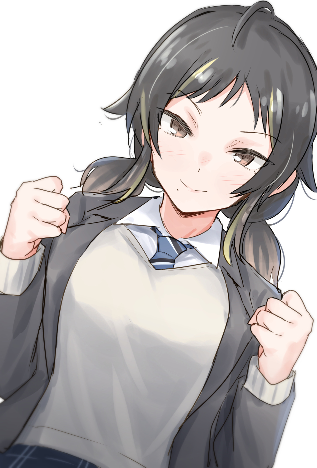 1girl ahoge bangs black_hair black_jacket blazer blonde_hair blue_necktie breasts brown_eyes check_commentary clenched_hands commentary_request grey_sweater hair_flaps half-closed_eyes hands_up highres idolmaster idolmaster_shiny_colors jacket light_blush long_sleeves looking_at_viewer low_twintails medium_breasts medium_hair mole mole_under_mouth multicolored_hair necktie sakurakazamiya_himeno shirt sidelocks smile solo sweater tsurime twintails two-tone_hair unu_(unucence) white_shirt wing_collar