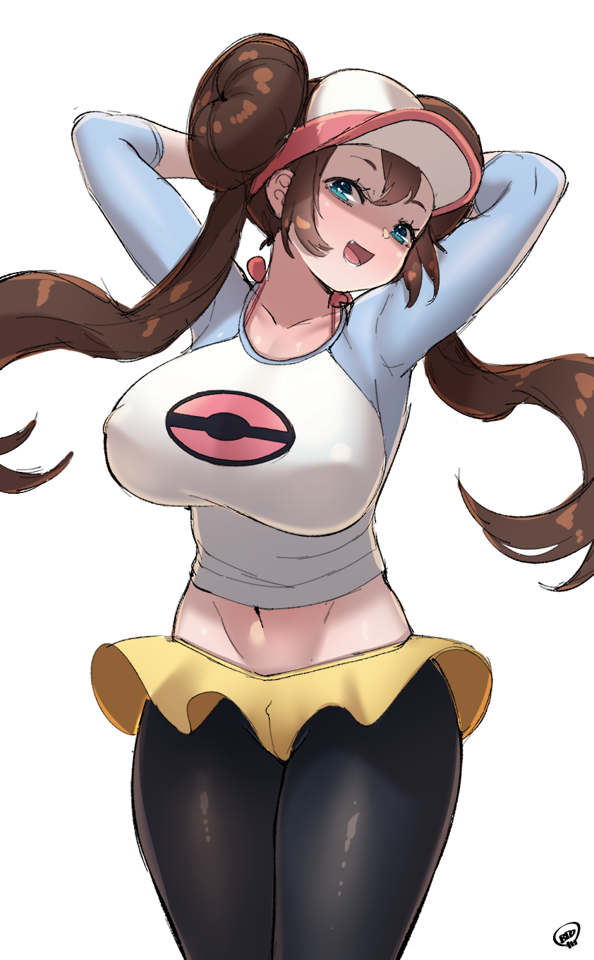 1girl blue_eyes born-to-die bow breasts brown_hair cowboy_shot double_bun doughnut_hair_bun hair_bun highres large_breasts long_hair pantyhose pink_bow pokemon pokemon_(game) pokemon_bw2 rosa_(pokemon) sketch twintails very_long_hair visor_cap