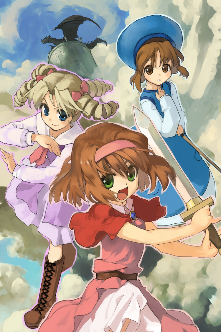 3girls arche_plumfield bangs blonde_hair blue_dress blue_eyes blue_headwear blush bob_(biyonbiyon) boots brooch brown_eyes brown_footwear brown_hair capelet commentary_request cross-laced_footwear dragon dress drill_hair feet_out_of_frame fortune_summoners green_eyes hair_between_eyes hairband holding holding_sword holding_weapon jewelry long_hair long_sleeves looking_at_viewer multiple_girls necktie open_mouth parted_bangs pink_dress pink_hairband quad_drills red_capelet red_necktie sana_poanet shirt skirt smile stella_mayberk sword weapon white_shirt white_skirt