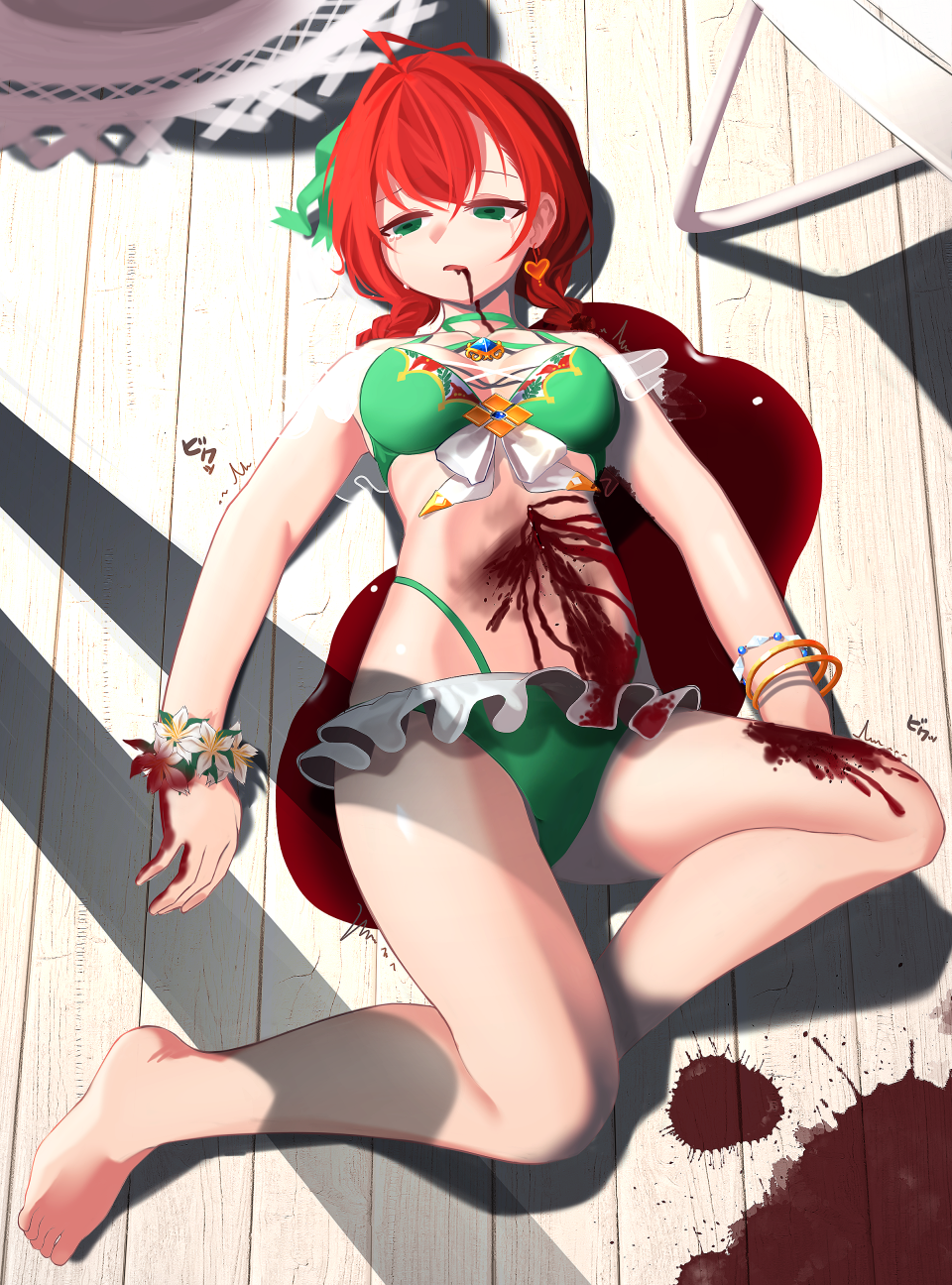 1girl akaiha_(akaihasugk) bangs barefoot bikini blood blood_from_mouth blood_on_hands breasts crying crying_with_eyes_open death emma_(shironeko_project) frilled_bikini frills full_body green_bikini green_eyes guro highres lying medium_breasts on_back puddle_of_blood red_hair shironeko_project solo swimsuit tears