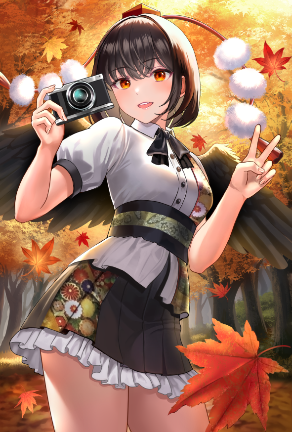 1girl :d autumn autumn_leaves bangs bird_wings black_hair black_ribbon black_skirt black_wings blush breasts buttons camera collared_shirt commentary_request cowboy_shot dress_shirt falling_leaves feathered_wings frilled_skirt frills hair_between_eyes hat holding holding_camera leaf leaf-pattern_stripe leaf_print looking_at_viewer maple_leaf open_mouth pleated_skirt pom_pom_(clothes) puffy_short_sleeves puffy_sleeves red_eyes red_headwear ribbon shameimaru_aya shirt short_sleeves skirt smile solo standing tokin_hat touhou uemura_shun v white_shirt wing_collar wings