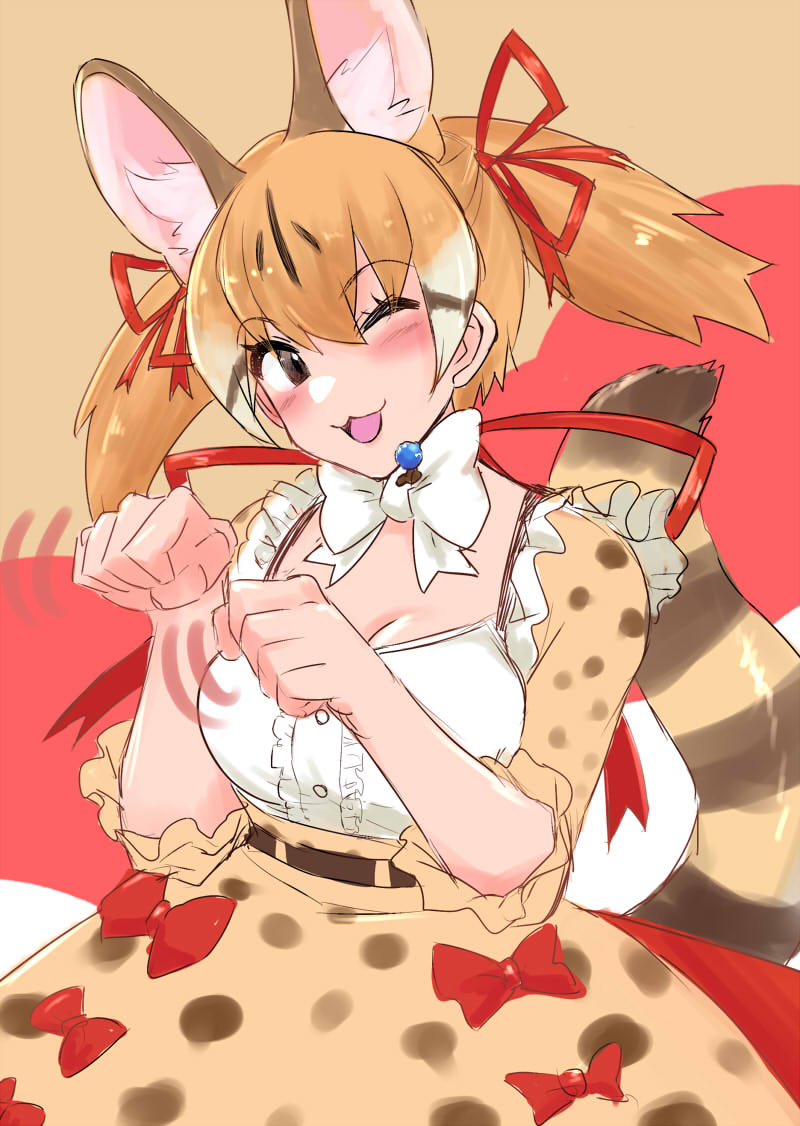 1girl animal_costume animal_ear_fluff animal_ears belt bow bowtie brown_eyes brown_hair cat_ears cat_girl cat_tail extra_ears kemono_friends kemono_friends_v_project kotons large-spotted_genet_(kemono_friends) long_hair looking_at_viewer microphone multicolored_hair one_eye_closed ribbon shirt simple_background skirt solo suspenders tail twintails virtual_youtuber