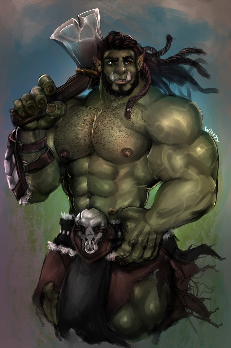 abs body_hair chest_hair fangs green_body green_skin hi_res humanoid humanoid_pointy_ears male muscular muscular_humanoid muscular_male nipples orc pecs solo vein veiny_muscles wintech3112