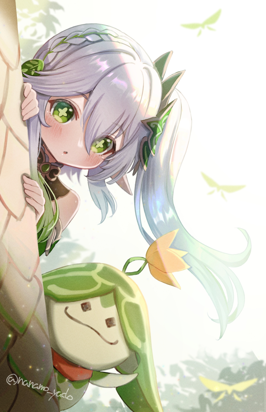 1girl 1other arama_(genshin_impact) aranara_(genshin_impact) arm_up artist_name bangs bare_shoulders black_eyes blush braid bug bush butterfly butterfly_wings closed_mouth colored_skin commentary_request detached_sleeves doyamona flower flower-shaped_pupils flying genshin_impact green_eyes green_flower green_skin grey_hair hair_between_eyes hair_ornament hand_up hands_up highres leaf long_hair looking_at_viewer nahida_(genshin_impact) open_mouth parted_lips peeking_out pointy_ears shiny shiny_hair short_sleeves side_ponytail sidelocks simple_background single_braid smile symbol-shaped_pupils tree white_background wide_sleeves wings