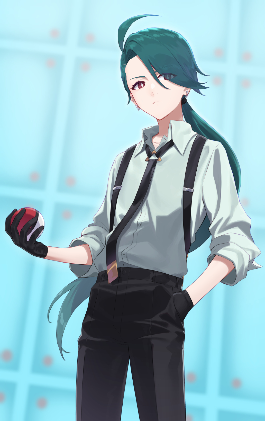 1girl ahoge bangs black_gloves black_necktie black_pants bright_pupils closed_mouth collared_shirt commentary_request cowboy_shot daifuku_(tkja3555) earrings eyelashes gloves green_hair hand_in_pocket highres holding holding_poke_ball jewelry long_hair necktie pants poke_ball poke_ball_(basic) pokemon pokemon_(game) pokemon_sv ponytail red_eyes rika_(pokemon) shirt solo suspenders white_pupils