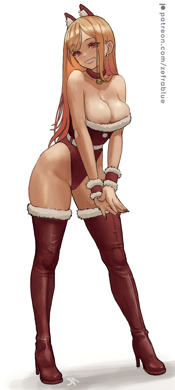 1girl animal_ears bare_shoulders bell blonde_hair boots breasts bursting_breasts cat_ears choker christmas cleavage collar ear_piercing earrings grin high_heels highleg highleg_leotard highres jewelry kitagawa_marin large_breasts leotard looking_at_viewer nail_polish neck_bell nipple_slip nipples piercing pink_eyes red_nails red_thighhighs santa_costume smile sono_bisque_doll_wa_koi_wo_suru thick_thighs thigh_boots thighhighs thighs zefrableu