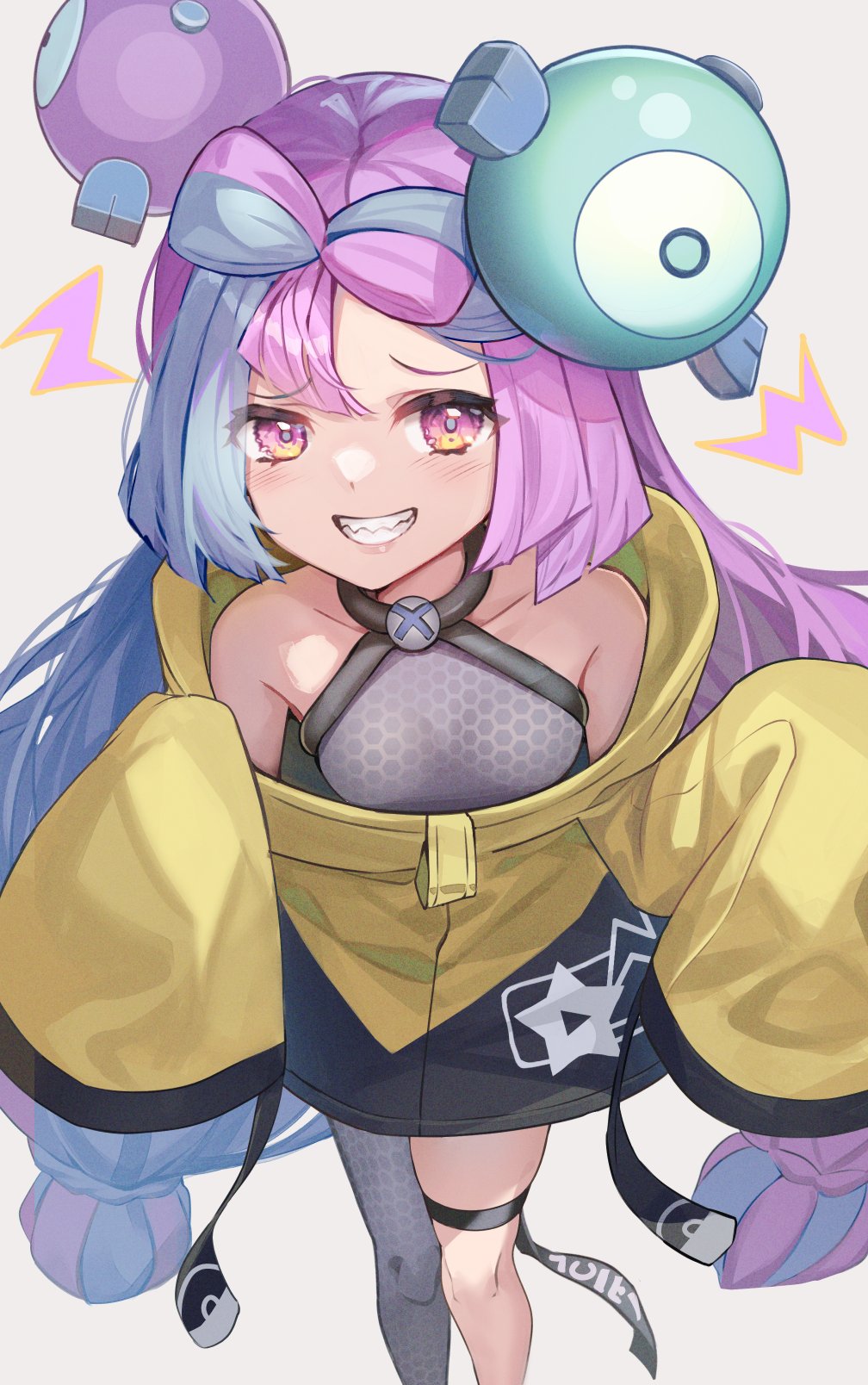 1girl bow-shaped_hair character_hair_ornament grey_pantyhose hair_ornament hexagon_print highres hopepe iono_(pokemon) jacket long_hair low-tied_long_hair multicolored_hair oversized_clothes pantyhose pokemon pokemon_(game) pokemon_sv sharp_teeth single_leg_pantyhose sleeves_past_fingers sleeves_past_wrists solo split-color_hair teeth very_long_sleeves x yellow_jacket