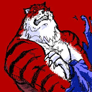 akisaka anthro bloody_roar claws felid fur long_(bloody_roar) low_res male mammal markings muscular pantherine red_body red_eyes red_fur solo striped_markings stripes tiger white_markings white_muzzle