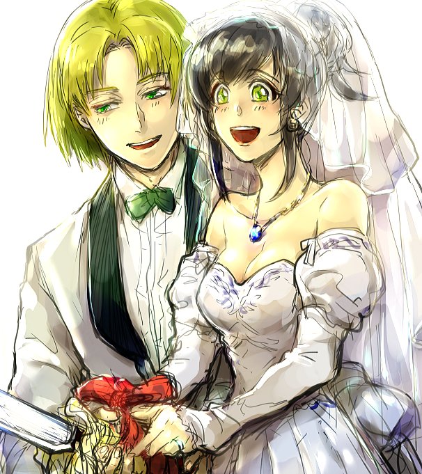 1boy 1girl black_hair breasts brown_hair cleavage dress formal gensou_suikoden green_eyes ikunosake jewelry long_hair luc_(suikoden) necklace open_mouth simple_background smile suit viki_(suikoden) wedding_dress white_background
