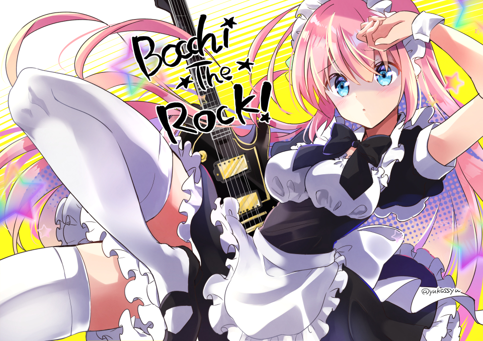 1girl alternate_costume apron bad_anatomy bangs black_dress blue_eyes bocchi_the_rock! bow dress electric_guitar frills gibson_les_paul gotou_hitori guitar hair_between_eyes hair_over_eyes holding holding_instrument instrument ishii_yuka long_hair looking_at_viewer maid maid_apron maid_headdress one_side_up pink_hair puffy_sleeves shaded_face skirt solo thighhighs waist_apron white_thighhighs