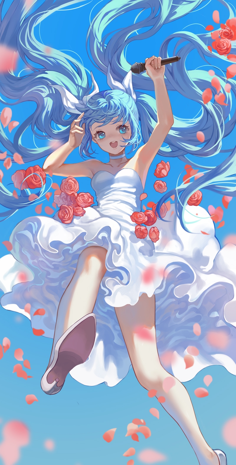 1girl :d arm_up bangs bare_arms bare_shoulders blue_eyes blue_hair blue_sky chinese_commentary choker collarbone commentary_request day dress falling_flower falling_petals floating_hair flower foot_out_of_frame hair_ribbon hand_up hatsune_miku hei_yu highres holding holding_microphone jumping long_hair looking_at_viewer microphone midair open_mouth outdoors petals pink_flower pink_rose ribbon rose shoes sky smile solo strapless strapless_dress sundress teeth twintails upper_teeth vocaloid white_choker white_dress white_footwear wind