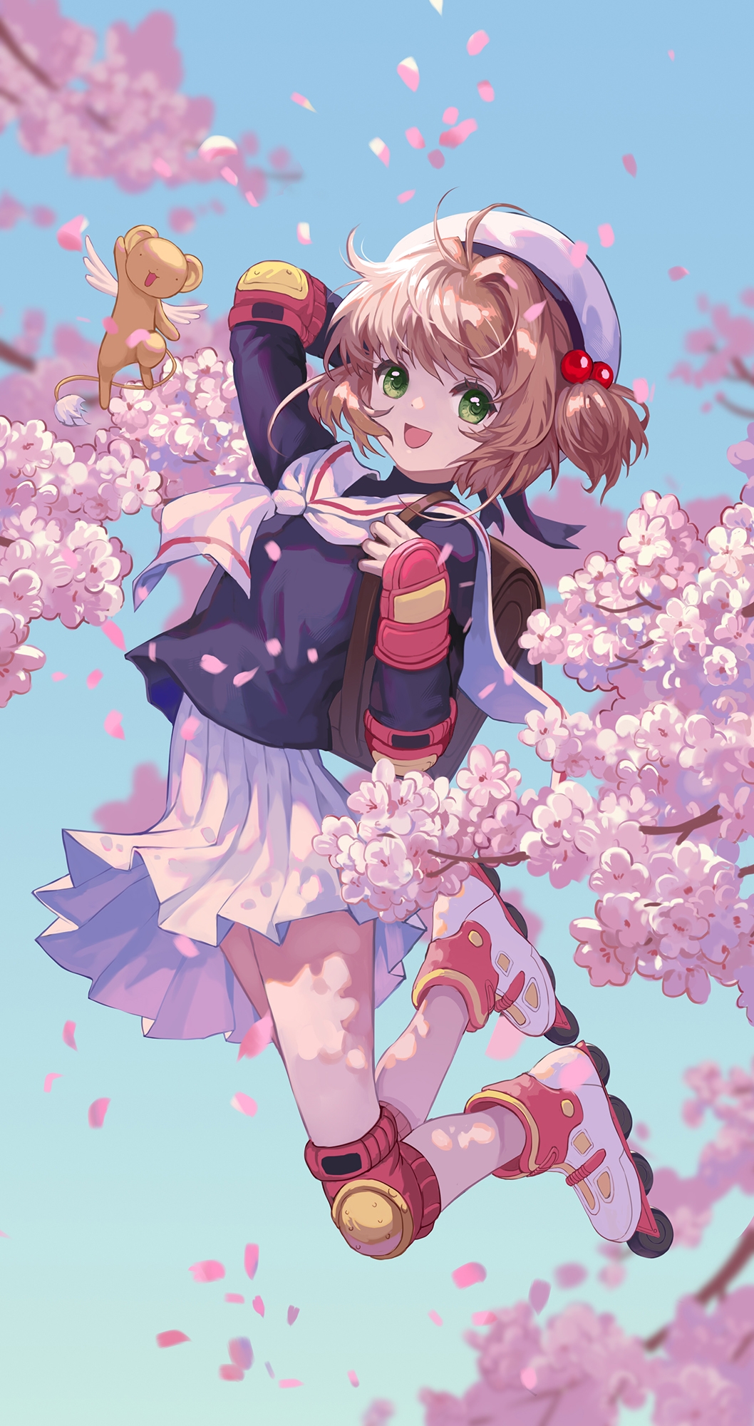 1girl :d arm_behind_head arm_guards backpack bag bangs beads beret blue_jacket blue_sky branch brown_hair cardcaptor_sakura cherry_blossoms chinese_commentary clear_sky commentary_request day elbow_pads falling_petals flower from_side full_body green_eyes hair_beads hair_intakes hair_ornament hat hei_yu highres holding_strap jacket jumping kero kinomoto_sakura knee_pads looking_at_viewer midair neckerchief open_mouth outdoors petals roller_skates sailor_collar school_uniform short_hair short_twintails skates skirt sky smile solo twintails white_headwear white_neckerchief white_skirt