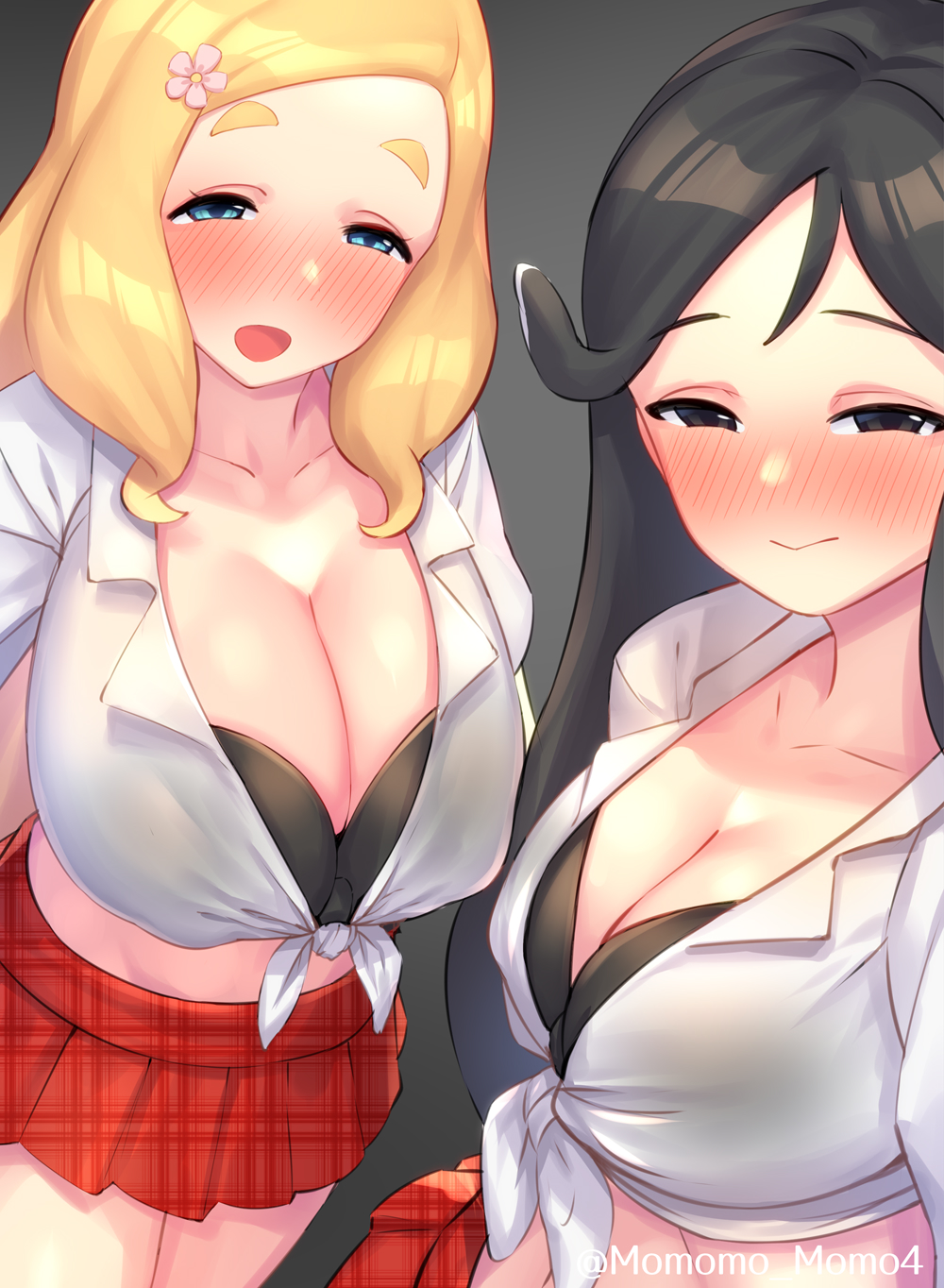 2girls black_eyes black_hair blonde_hair blue_eyes blush breasts character_request cleavage closed_mouth commission flower front-tie_top hair_flower hair_ornament half-closed_eyes harohapi!_shinonome_megu-chan_no_oheya highres indie_virtual_youtuber large_breasts looking_at_viewer midriff multiple_girls nose_blush open_mouth red_skirt shinonome_megu skeb_commission skirt smile thick_eyebrows virtual_youtuber yoshiwa_tomo