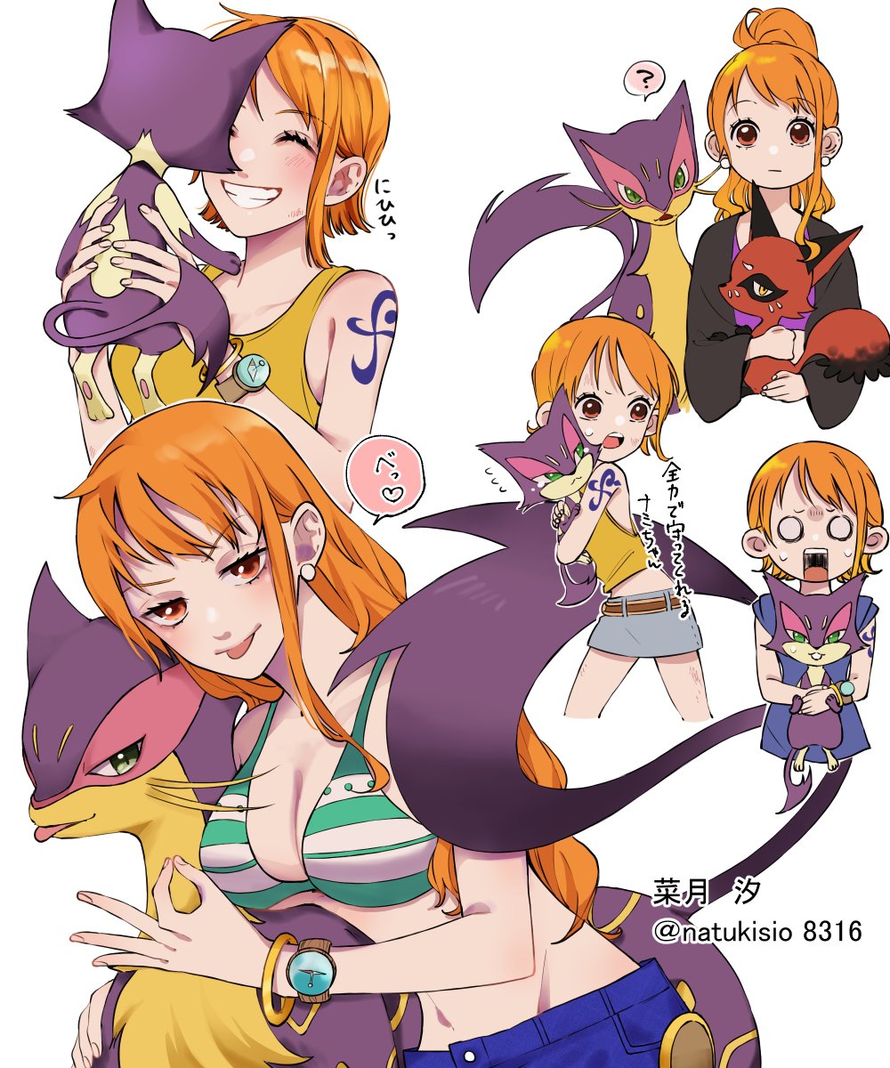 1girl ? bare_shoulders bikini bikini_top_only blue_pants blue_shirt bracelet breasts carrying cat cleavage earrings fox green_bikini grin high_ponytail highres holding holding_pokemon jewelry liepard long_hair looking_at_viewer midriff multiple_views nami_(one_piece) natsuki_shio navel nickit one_piece open_mouth orange_eyes orange_hair pants pearl_earrings pokemon pokemon_(creature) purrloin shirt short_hair shoulder_tattoo skirt smile speech_bubble swimsuit tank_top tattoo teeth text_focus tongue tongue_out translation_request twitter_username white_background yellow_tank_top