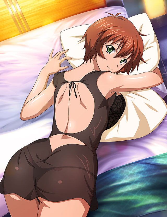 1girl ass backless_dress backless_outfit bangs bare_arms black_dress black_panties breast_press breasts brown_hair chinkyuu_koudai closed_mouth dress from_above green_eyes hair_between_eyes ikkitousen large_breasts looking_at_viewer looking_back lying nightgown on_bed on_stomach panties pillow see-through see-through_dress shiny shiny_hair short_dress short_hair shoulder_blades sleepwear sleeveless sleeveless_dress smile solo underwear
