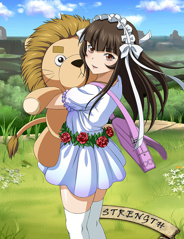 1girl bangs blunt_bangs bow brown_eyes brown_hair day dress floating_hair from_side hair_bow hair_ribbon holding ikkitousen long_hair looking_at_viewer looking_back open_mouth outdoors pleated_dress ribbon shiny shiny_hair shiny_skin short_dress short_sleeves solo standing stuffed_animal stuffed_lion stuffed_toy sundress ten'i_(ikkitousen) thighhighs white_bow white_dress white_ribbon white_thighhighs zettai_ryouiki