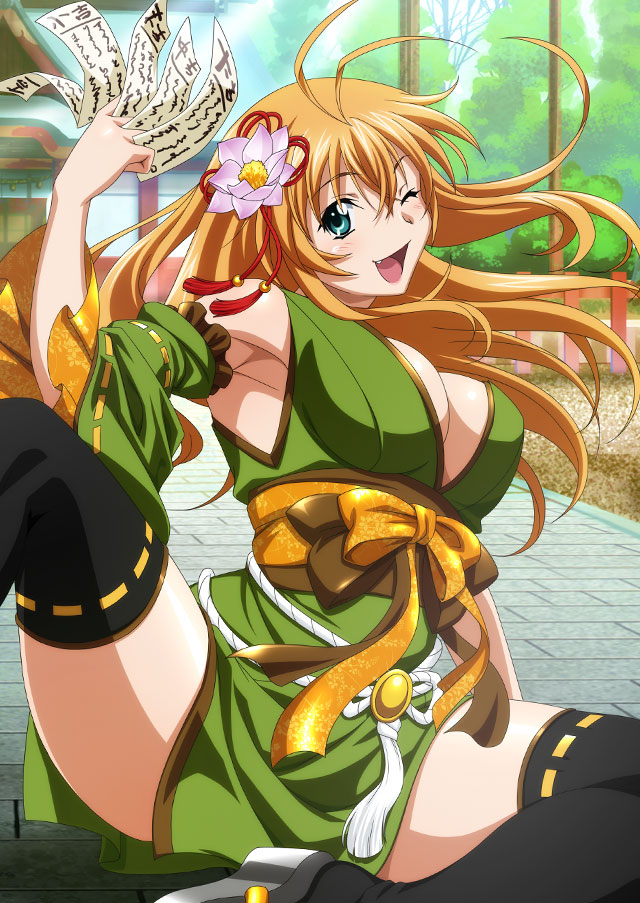 1girl ;d aqua_eyes armpits bangs black_thighhighs blonde_hair breasts cleavage day detached_sleeves fang floating_hair flower green_kimono green_sleeves hair_between_eyes hair_flower hair_ornament hair_ribbon holding ikkitousen japanese_clothes kimono large_breasts long_hair long_sleeves looking_at_viewer obi one_eye_closed open_mouth outdoors pink_flower red_ribbon ribbon ribbon-trimmed_sleeves ribbon-trimmed_thighhighs ribbon_trim sash shiny shiny_hair short_kimono sitting sleeveless sleeveless_kimono smile solo sonsaku_hakufu spread_legs thighhighs very_long_hair zettai_ryouiki