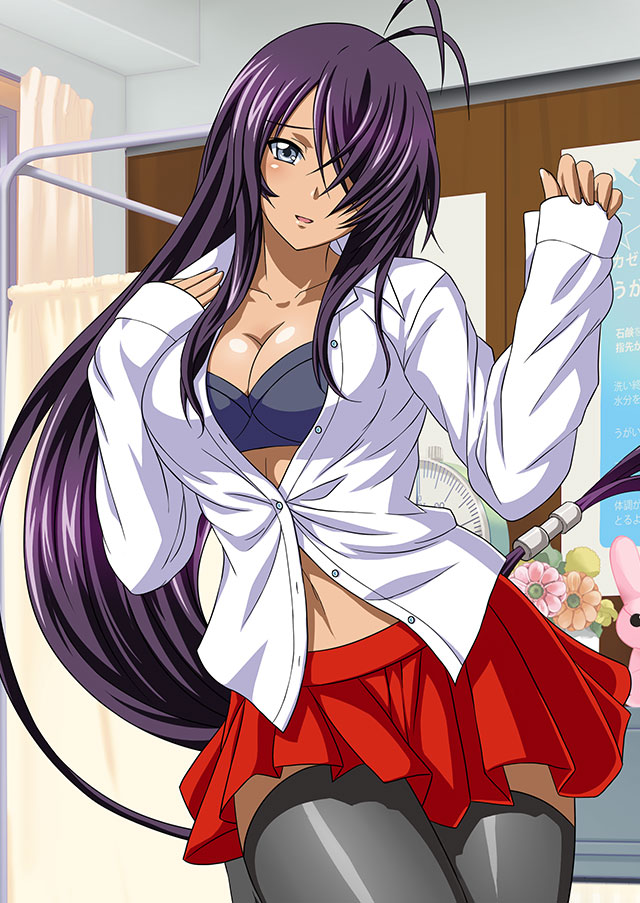 1girl :d absurdly_long_hair black_bra bra breasts cleavage collarbone collared_shirt dress_shirt floating_hair grey_eyes grey_thighhighs hair_over_one_eye ikkitousen indoors kan'u_unchou long_hair long_sleeves looking_at_viewer low-tied_long_hair medium_breasts midriff miniskirt navel open_clothes open_mouth open_shirt partially_unbuttoned pleated_skirt purple_hair red_skirt school_uniform shiny shiny_clothes shiny_hair shiny_legwear shiny_skin shirt skirt sleeves_past_wrists smile solo stomach stuffed_animal stuffed_bunny stuffed_toy thighhighs underwear very_long_hair white_shirt wing_collar