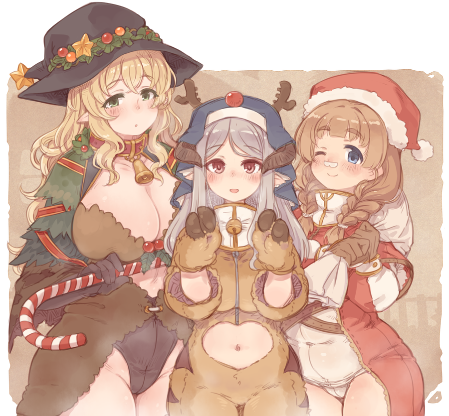 3girls 7010 animal_collar animal_costume antlers bangs bell black_gloves black_headwear black_leotard blonde_hair blue_eyes blue_headwear braid breasts brown_gloves brown_hair candy candy_cane christmas closed_mouth clothing_cutout coat collar commentary_request covered_navel cowboy_shot food gloves green_eyes grey_hair habit hair_over_shoulder hair_tie hat hat_ornament highleg highleg_leotard holding holding_sack holly hoof_gloves huge_breasts jingle_bell leotard long_hair long_sleeves looking_at_viewer medium_hair multiple_girls navel_cutout neck_bell old_school_swimsuit one-piece_swimsuit one_eye_closed open_mouth original over_shoulder parted_lips pointy_ears red_coat red_eyes red_headwear reindeer_antlers reindeer_costume sack santa_hat school_swimsuit side-by-side smile standing star_(symbol) star_hat_ornament swept_bangs swimsuit twin_braids white_one-piece_swimsuit witch_hat