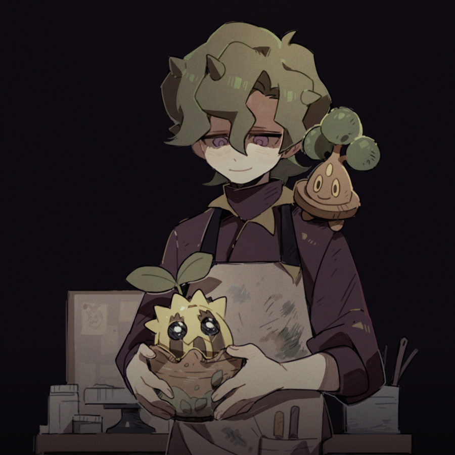 1boy aged_down apron black_background bonsly brassius_(pokemon) flower_pot green_hair holding_flower_pot jar luminous_slime male_focus on_shoulder paintbrush pokemon pokemon_(creature) pokemon_(game) pokemon_on_shoulder pokemon_sv purple_eyes smile sunkern