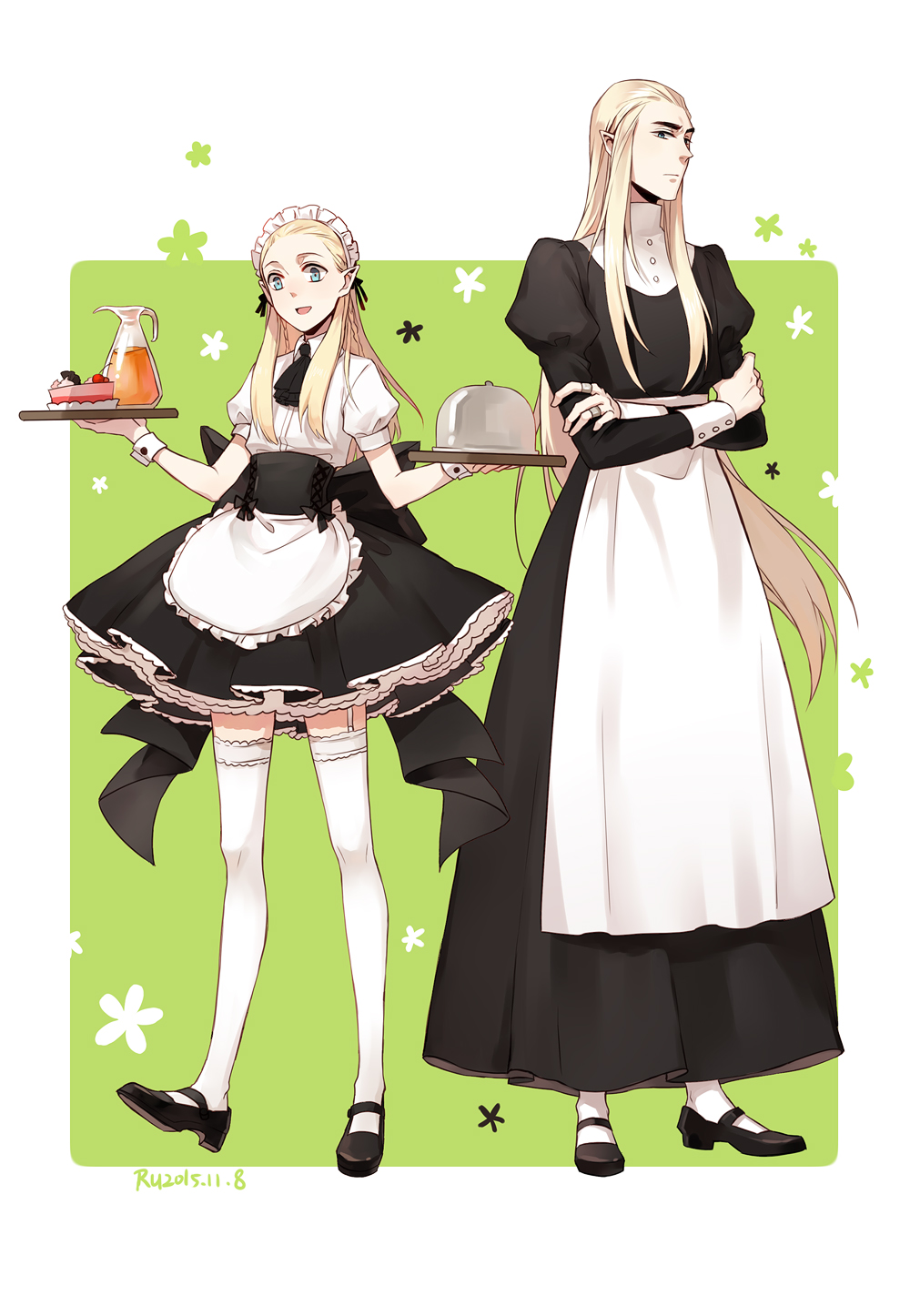2boys alternate_costume apron aqua_eyes ascot black_ascot black_dress black_footwear black_skirt blonde_hair braid cake cherry collared_shirt crossdressing crossed_arms dated dress drink elf enmaided father_and_son food frilled_apron frilled_dress frills frown fruit full_body garter_straps green_background hair_slicked_back highres holding holding_tray juice juliet_sleeves legolas long_hair long_sleeves looking_at_viewer maid maid_apron maid_headdress male_focus mary_janes miniskirt multiple_boys pointy_ears puffy_short_sleeves puffy_sleeves ru_(famia) serving_dome shirt shoes short_sleeves side_braid skirt smile standing straight_hair the_lord_of_the_rings thighhighs thranduil tolkien's_legendarium tray w_arms waist_apron white_apron white_shirt white_thighhighs wrist_cuffs zettai_ryouiki