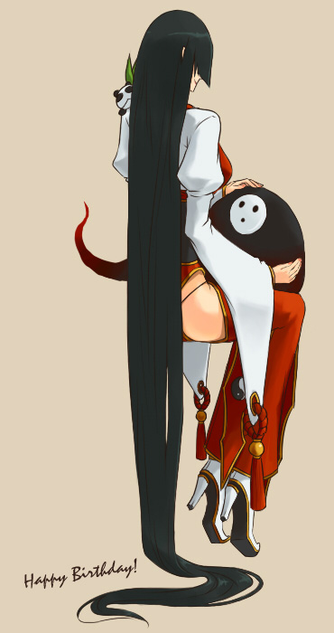 absurdly_long_hair alternate_costume arakune black_hair blazblue chinese_clothes floating from_behind hair_down happy_birthday high_heels invisible_chair lao_jiu litchi_faye_ling long_hair monster noco panda pants shoes sitting sitting_on_lap sitting_on_person very_long_hair wide_sleeves