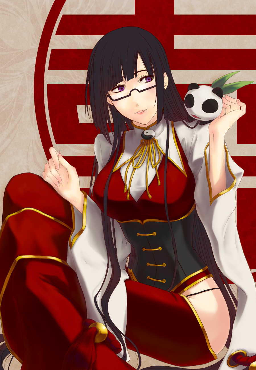 arc_system_works black_hair blazblue blazblue:_calamity_trigger blush breasts china_dress chinadress chinese_clothes collair dress female glasses highres lao_jiu large_breasts litchi_faye_ling long_hair purple_eyes sitting solo