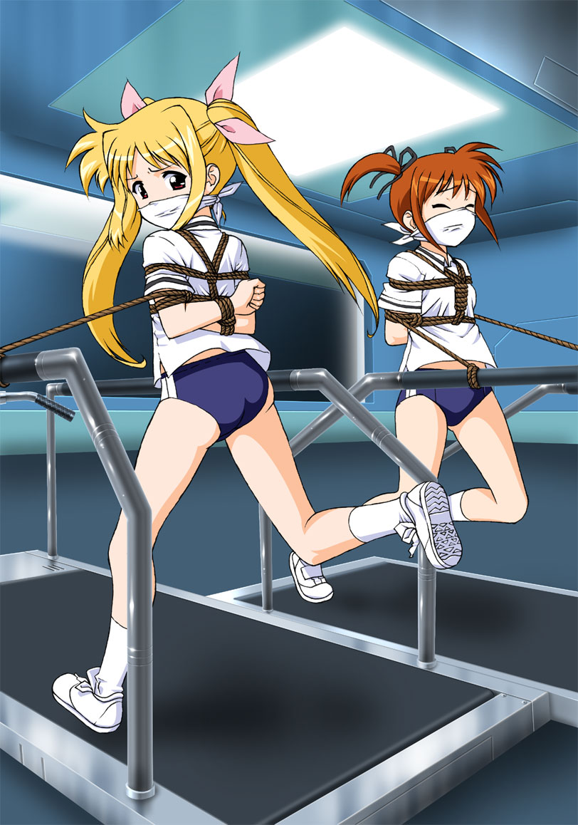 bondage buruma daikinbakuju fate_testarossa forced gag gym_uniform mahou_shoujo_lyrical_nanoha otn rope running takamachi_nanoha treadmill