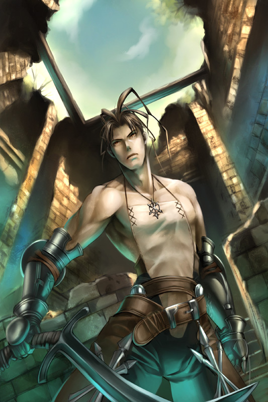 1boy ashley_riot belt brown_hair gauntlet gauntlets jewelry male_focus necklace outdoors ruins sky solo sword vagrant_story weapon