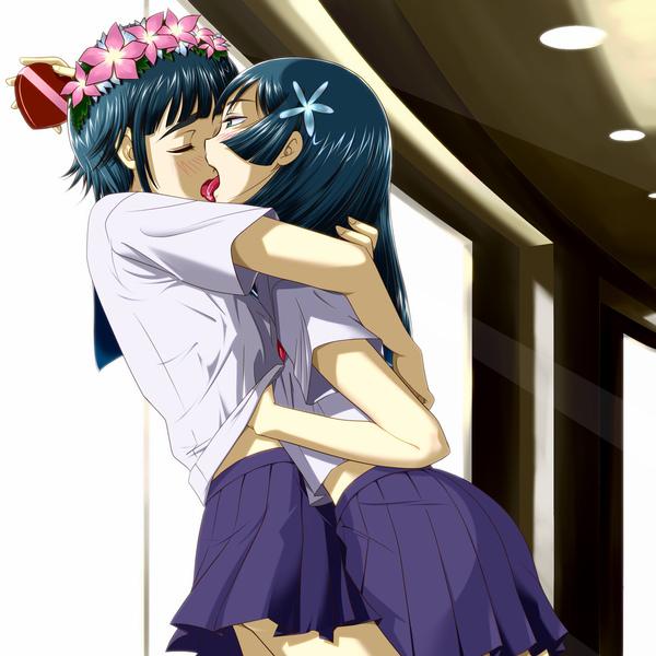 2girls blue_hair kiss multiple_girls saten_ruiko school_uniform schoolgirl to_aru_majutsu_no_index tongue uiharu_kazari yuri