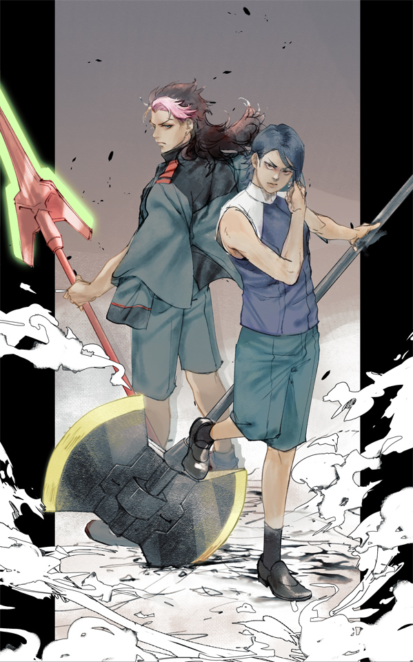 2boys asticassia_school_uniform axe battle_axe black_hair blue_hair brothers guel_jeturk gundam gundam_suisei_no_majo holding holding_weapon jacket jacket_on_shoulders lauda_neill long_hair looking_at_viewer mak_(kainemaru) male_focus multicolored_hair multiple_boys pink_hair playing_with_own_hair polearm school_uniform shoes short_hair shorts siblings sleeveless socks spear weapon