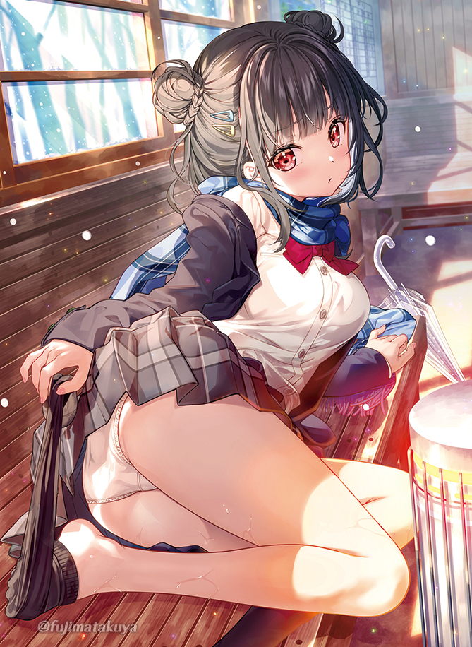 1girl ass bangs bare_legs black_hair black_jacket black_socks blue_scarf blush bow bowtie braid breasts closed_mouth commentary_request dappled_sunlight double_bun dress_shirt fringe_trim frown fujima_takuya hair_bun hair_ornament hairclip jacket large_breasts long_hair long_sleeves looking_at_viewer lying miniskirt off_shoulder on_bench on_side original outdoors panties plaid plaid_skirt pleated_skirt red_bow red_bowtie red_eyes removing_legwear scarf school_uniform shirt shirt_tucked_in sidelocks skirt socks solo sunlight taut_clothes taut_shirt thighs twitter_username umbrella underwear wet white_panties white_shirt window wooden_bench